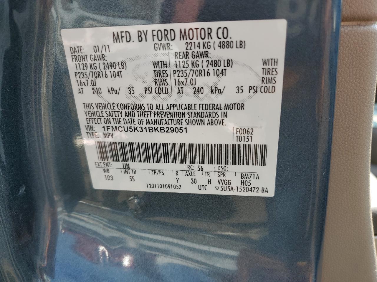 2011 Ford Escape Hybrid VIN: 1FMCU5K31BKB29051 Lot: 64816864