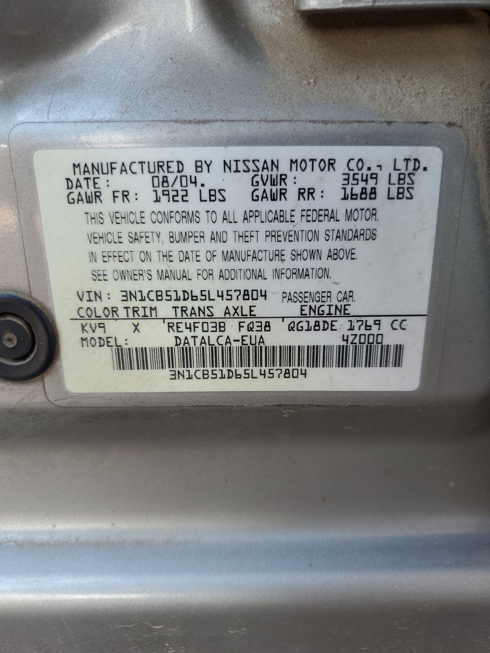 3N1CB51D65L457804 2005 Nissan Sentra 1.8