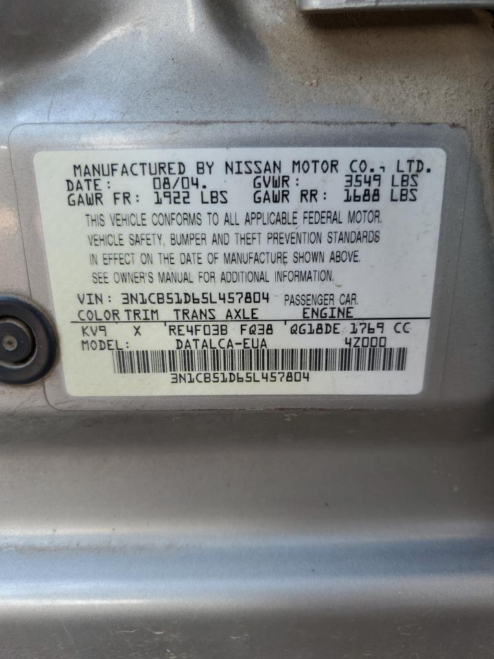 2005 Nissan Sentra 1.8 VIN: 3N1CB51D65L457804 Lot: 61909004