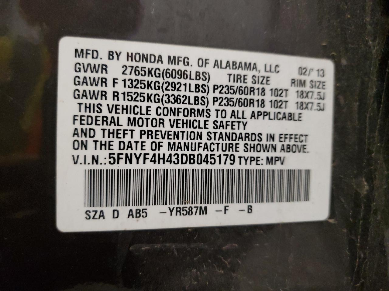 2013 Honda Pilot Ex VIN: 5FNYF4H43DB045179 Lot: 64902364