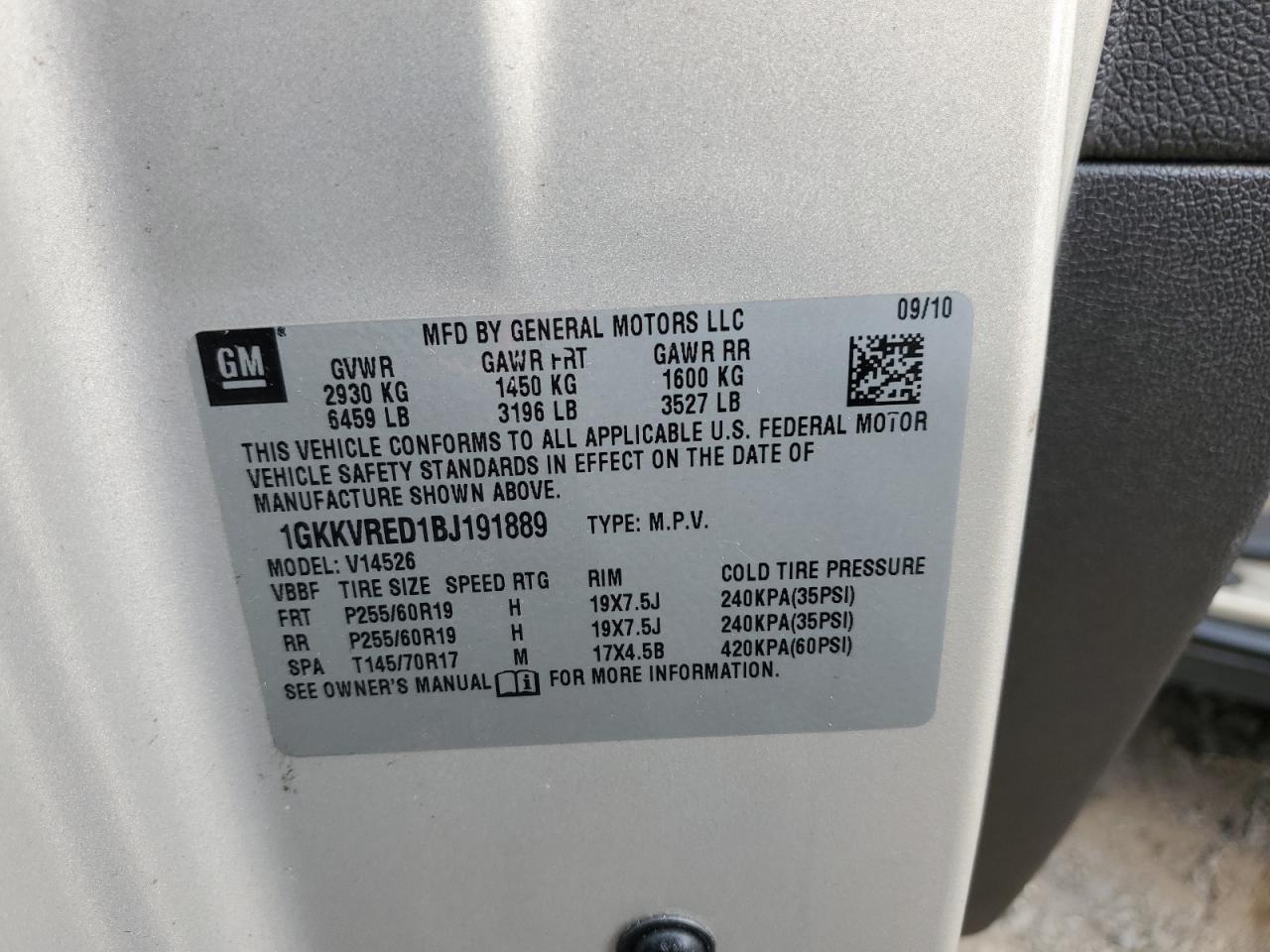 2011 GMC Acadia Slt-1 VIN: 1GKKVRED1BJ191889 Lot: 65112754