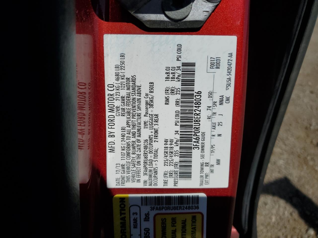 2014 Ford Fusion Titanium Hev VIN: 3FA6P0RU8ER248036 Lot: 63863514