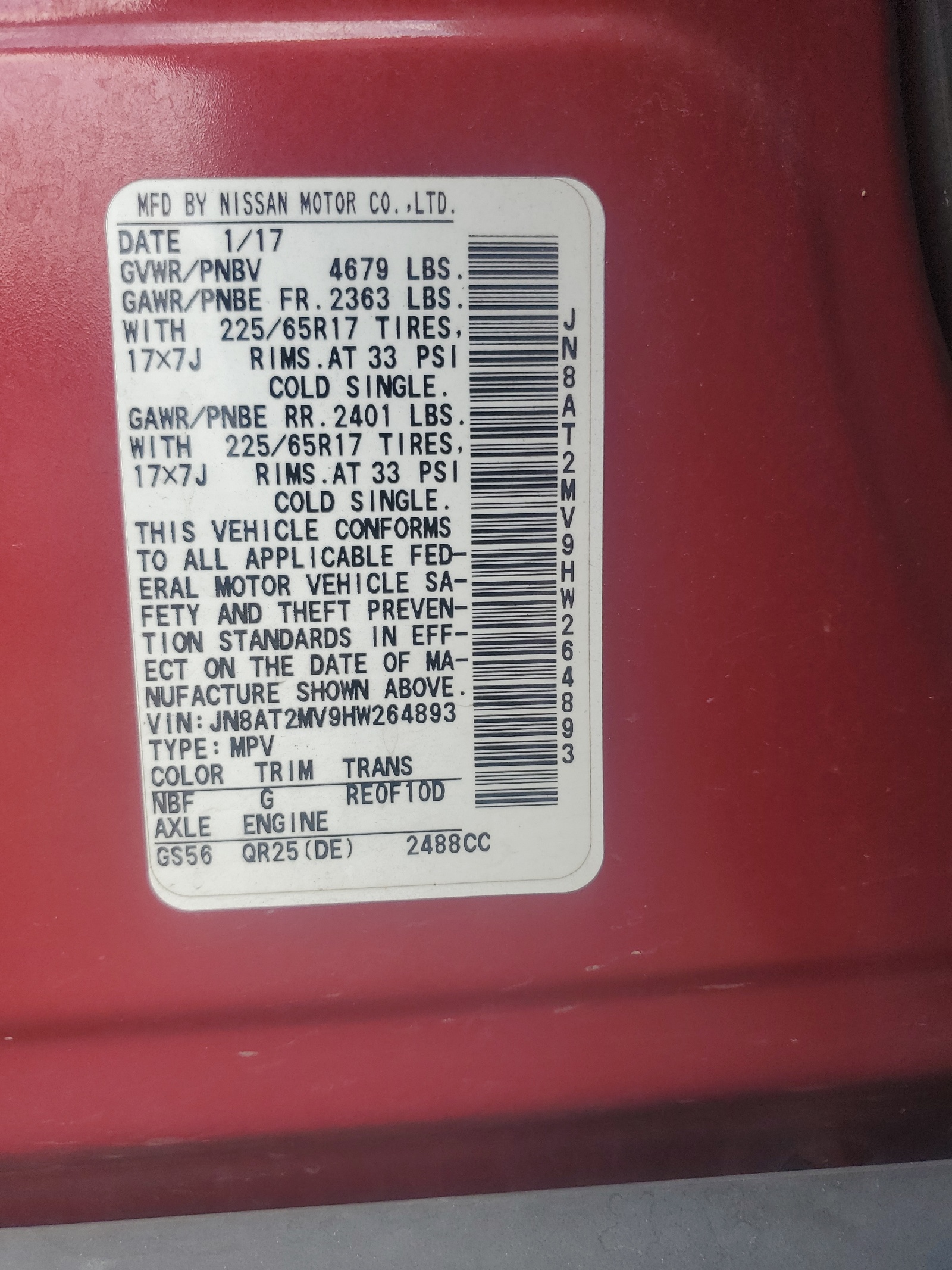 JN8AT2MV9HW264893 2017 Nissan Rogue S