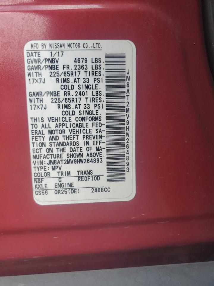 2017 Nissan Rogue S VIN: JN8AT2MV9HW264893 Lot: 62672544