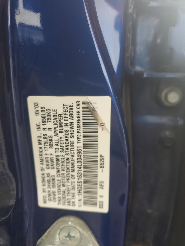 2004 Honda Civic Dx Vp VIN: 1HGES16314L004961 Lot: 62029724