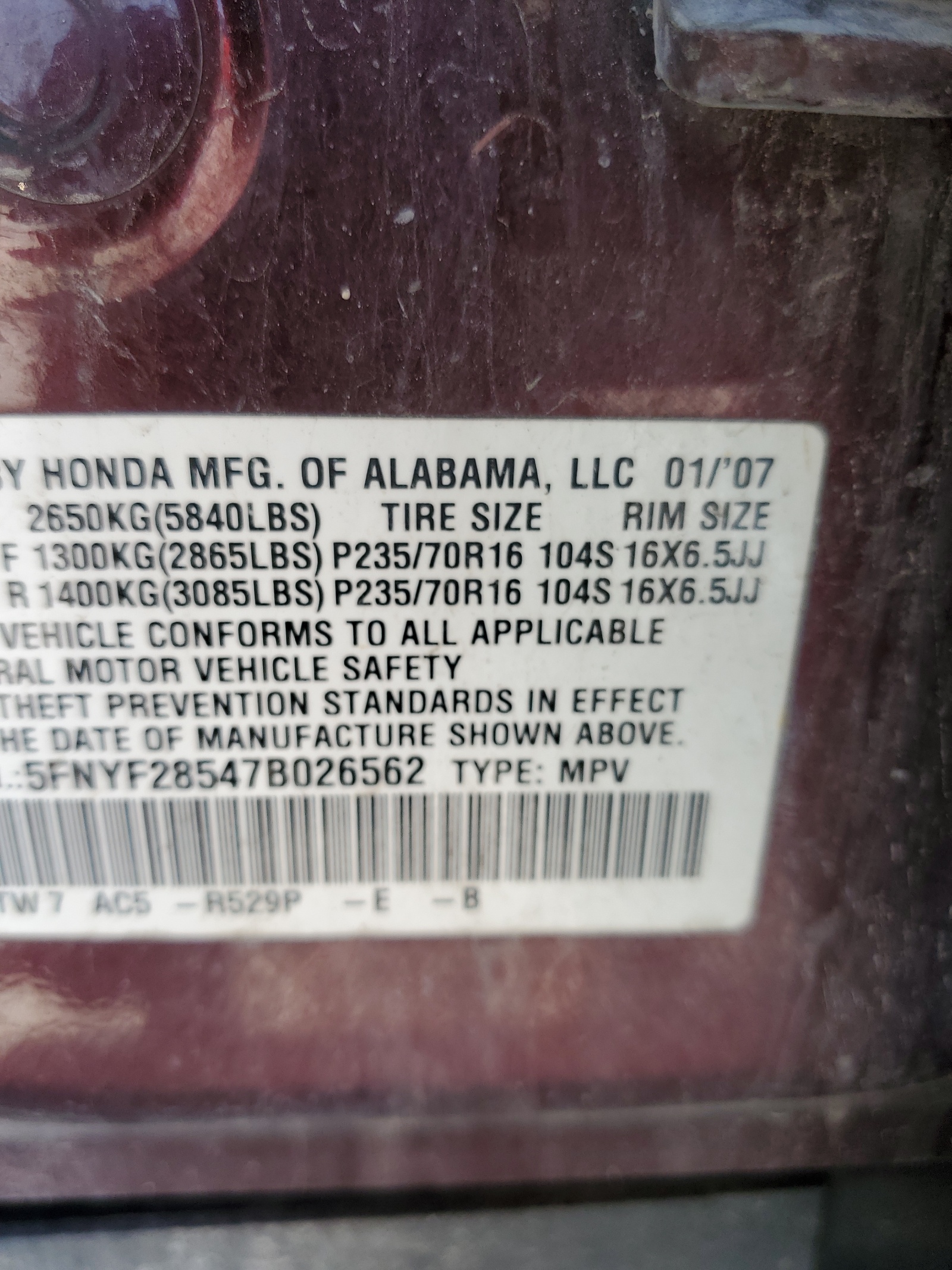 5FNYF28547B026562 2007 Honda Pilot Exl