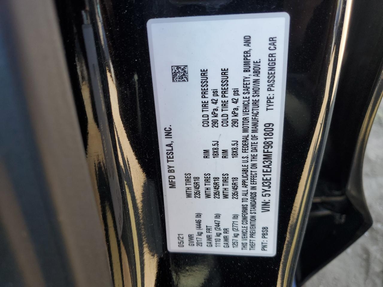 5YJ3E1EA3MF981809 2021 Tesla Model 3