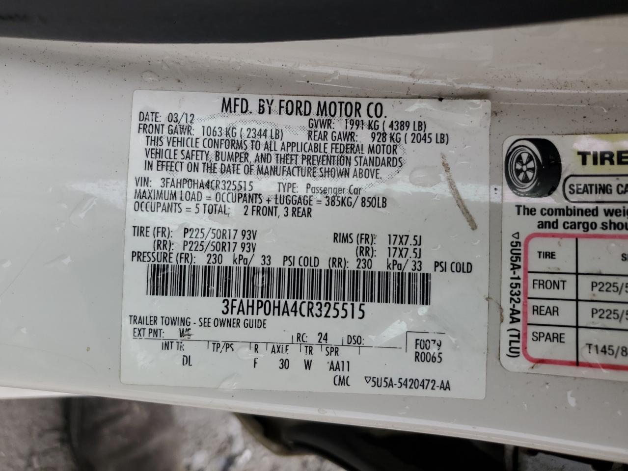 2012 Ford Fusion Se VIN: 3FAHP0HA4CR325515 Lot: 64552524