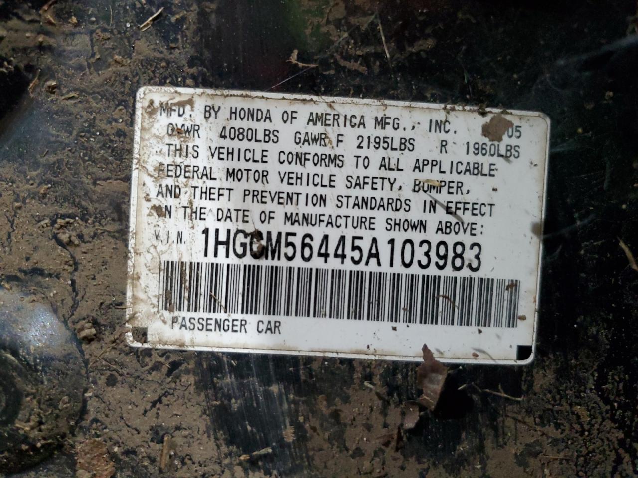 2005 Honda Accord Lx VIN: 1HGCM56445A103983 Lot: 65253094