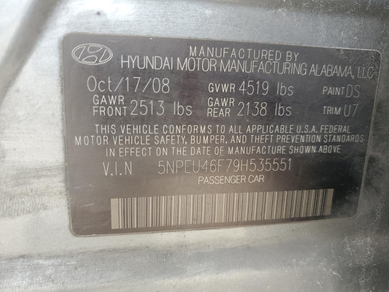 2009 Hyundai Sonata Se VIN: 5NPEU46F79H535551 Lot: 62257424
