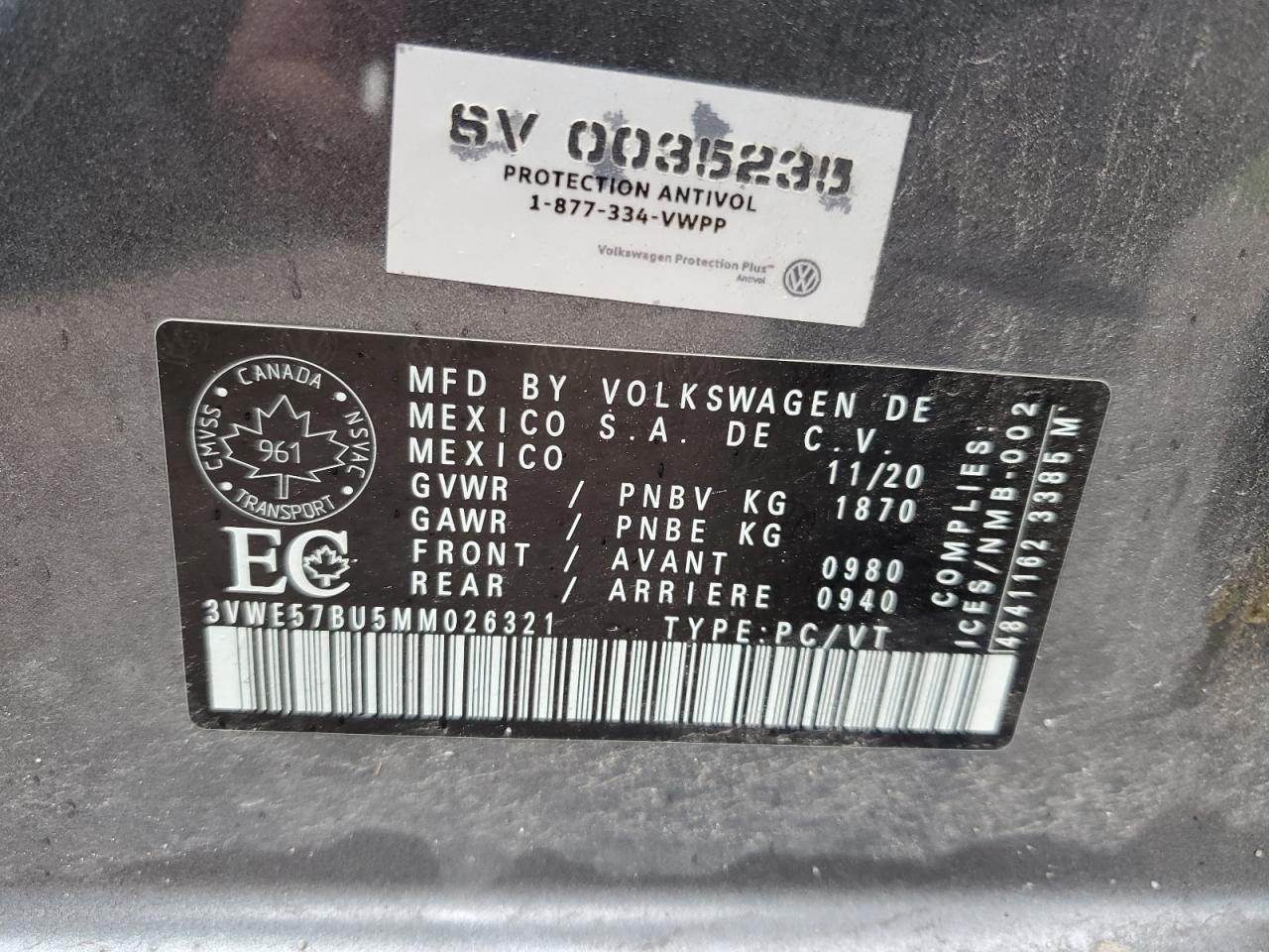 2021 Volkswagen Jetta Sel VIN: 3VWE57BU5MM026321 Lot: 62492064