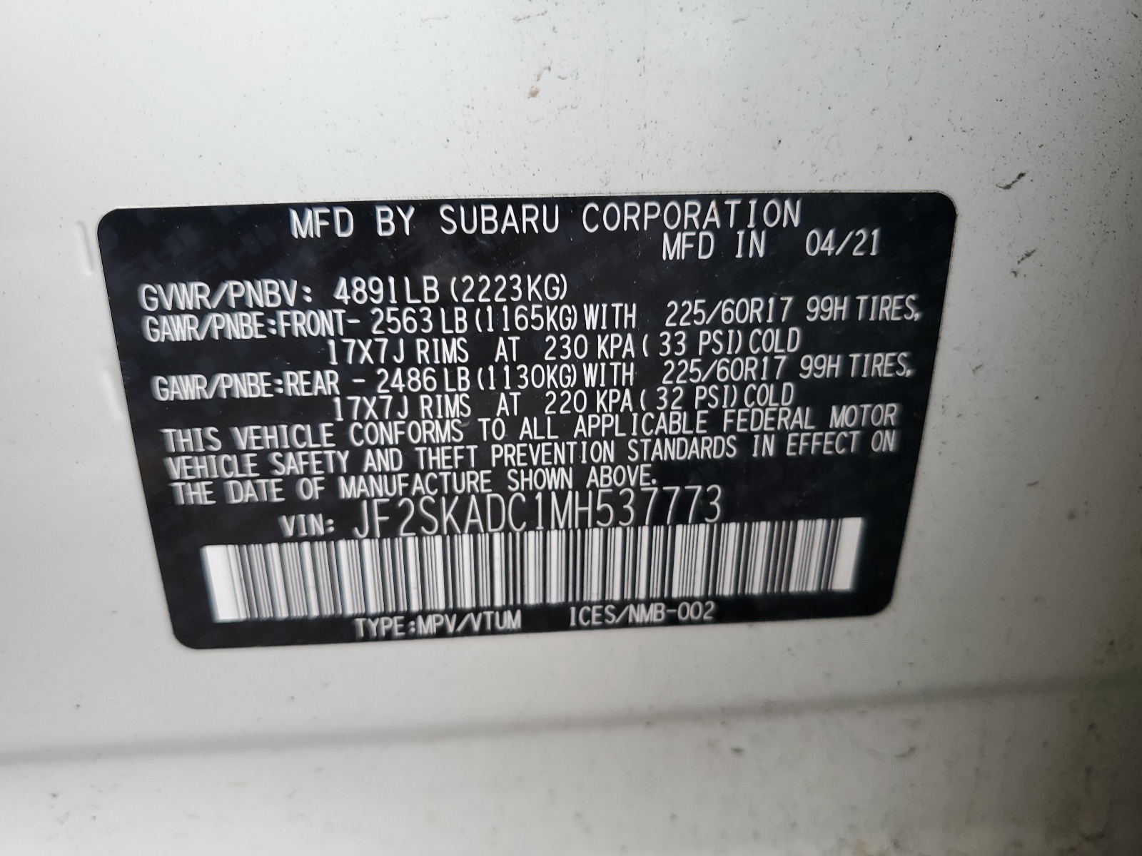 JF2SKADC1MH537773 2021 Subaru Forester