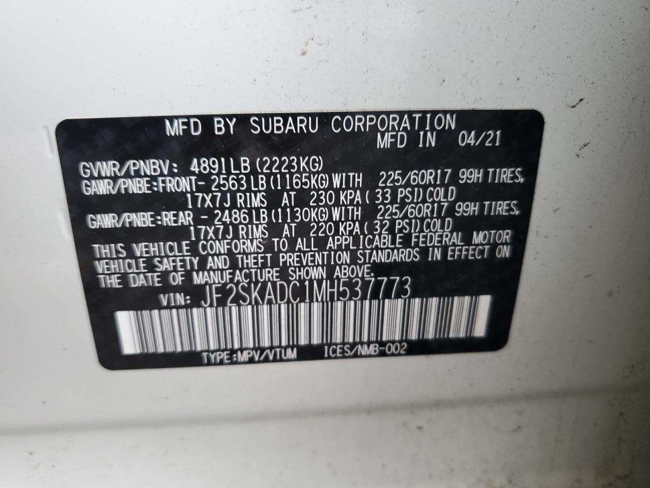2021 Subaru Forester VIN: JF2SKADC1MH537773 Lot: 63806434