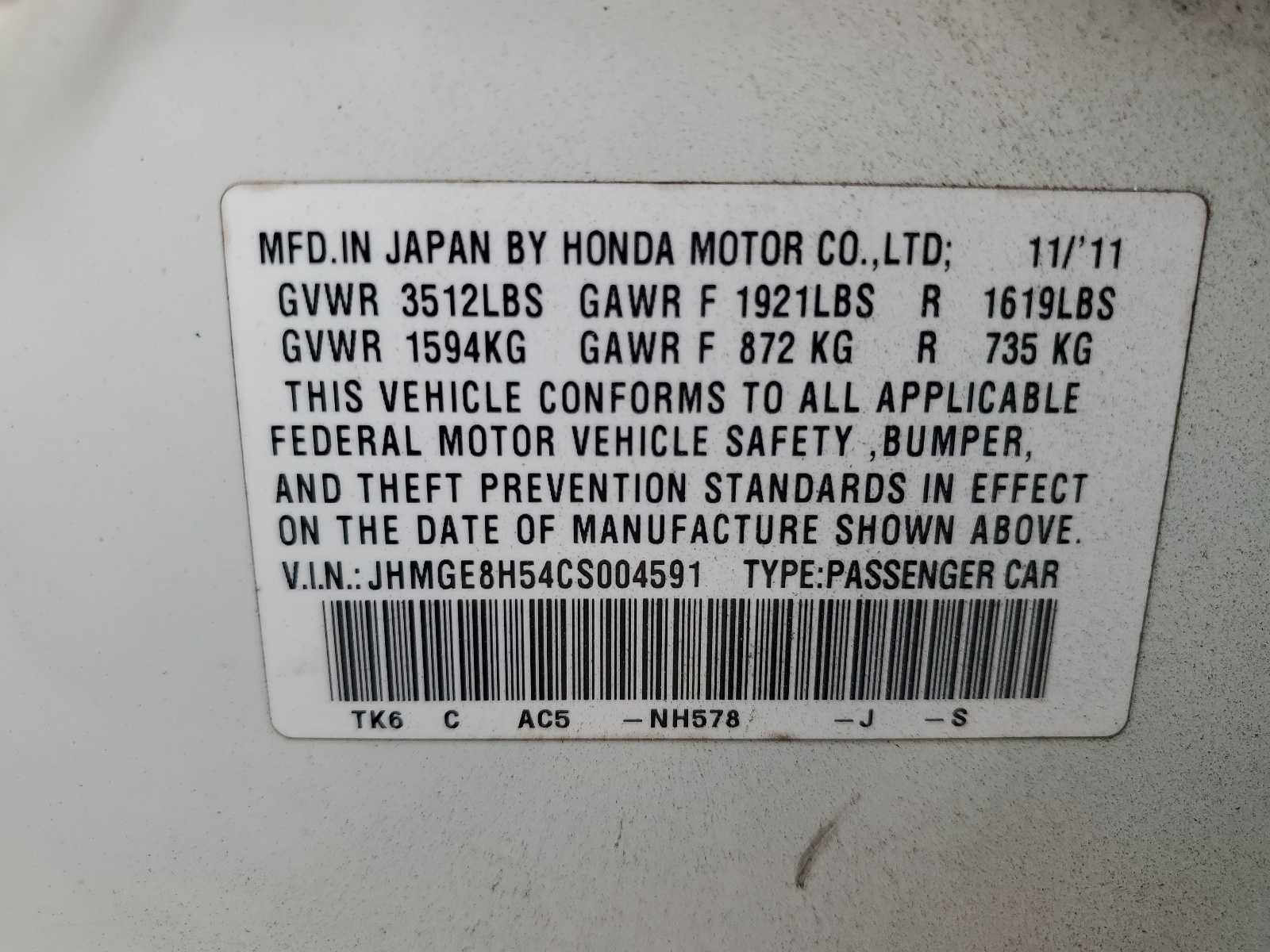 JHMGE8H54CS004591 2012 Honda Fit Sport