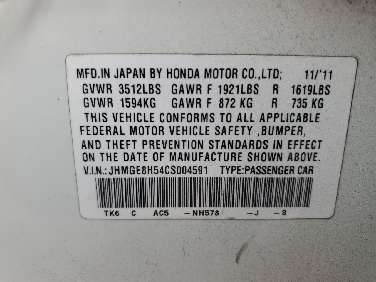 2012 Honda Fit Sport VIN: JHMGE8H54CS004591 Lot: 64870334