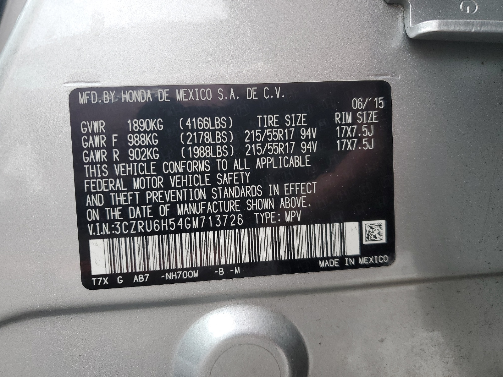 3CZRU6H54GM713726 2016 Honda Hr-V Ex