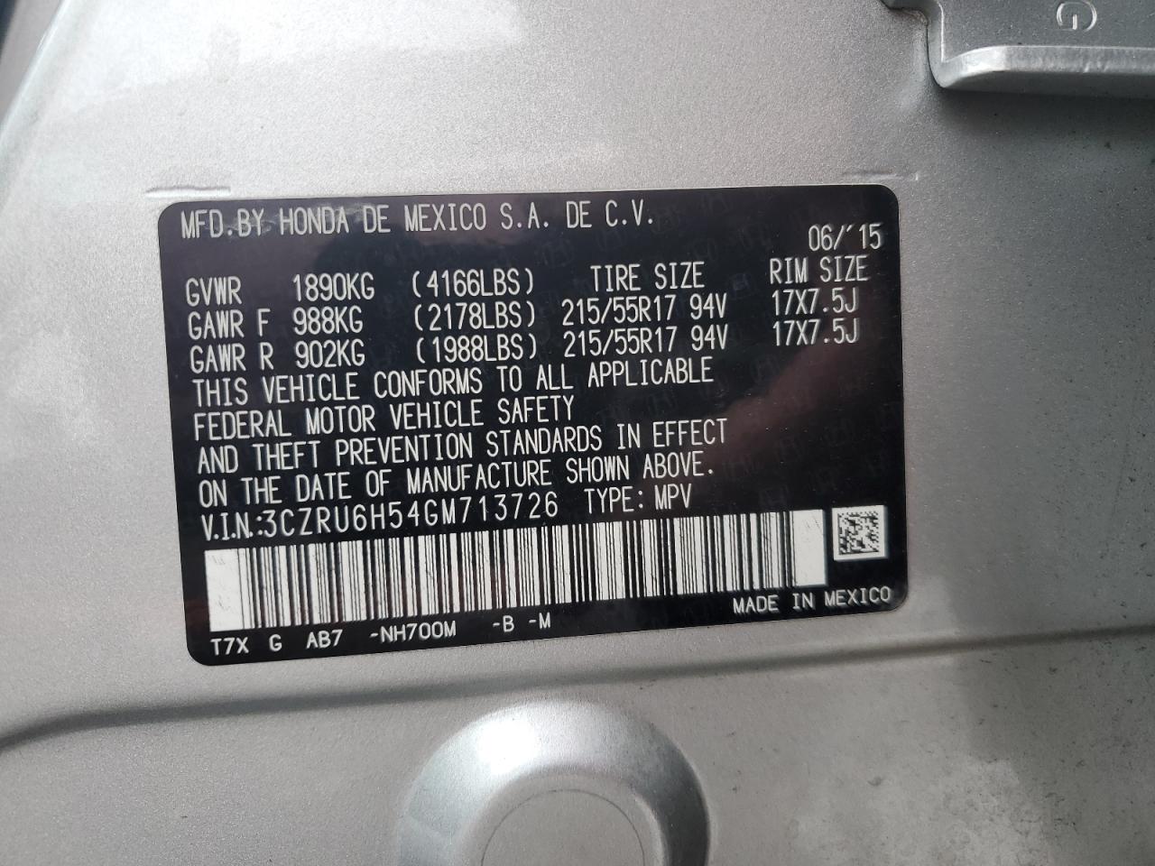 2016 Honda Hr-V Ex VIN: 3CZRU6H54GM713726 Lot: 64656004