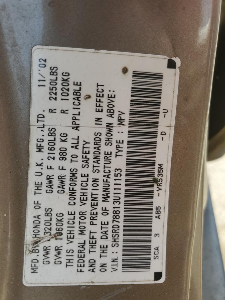 2003 Honda Cr-V Ex VIN: SHSRD78813U111153 Lot: 65121294