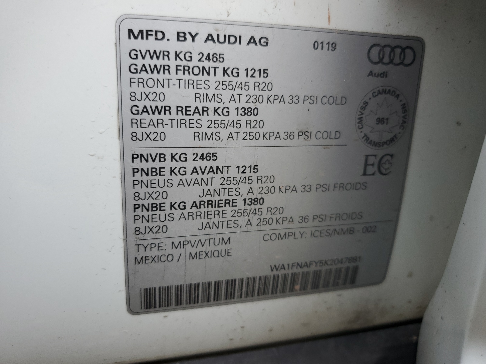 WA1FNAFY5K2047881 2019 Audi Q5 Technik S-Line