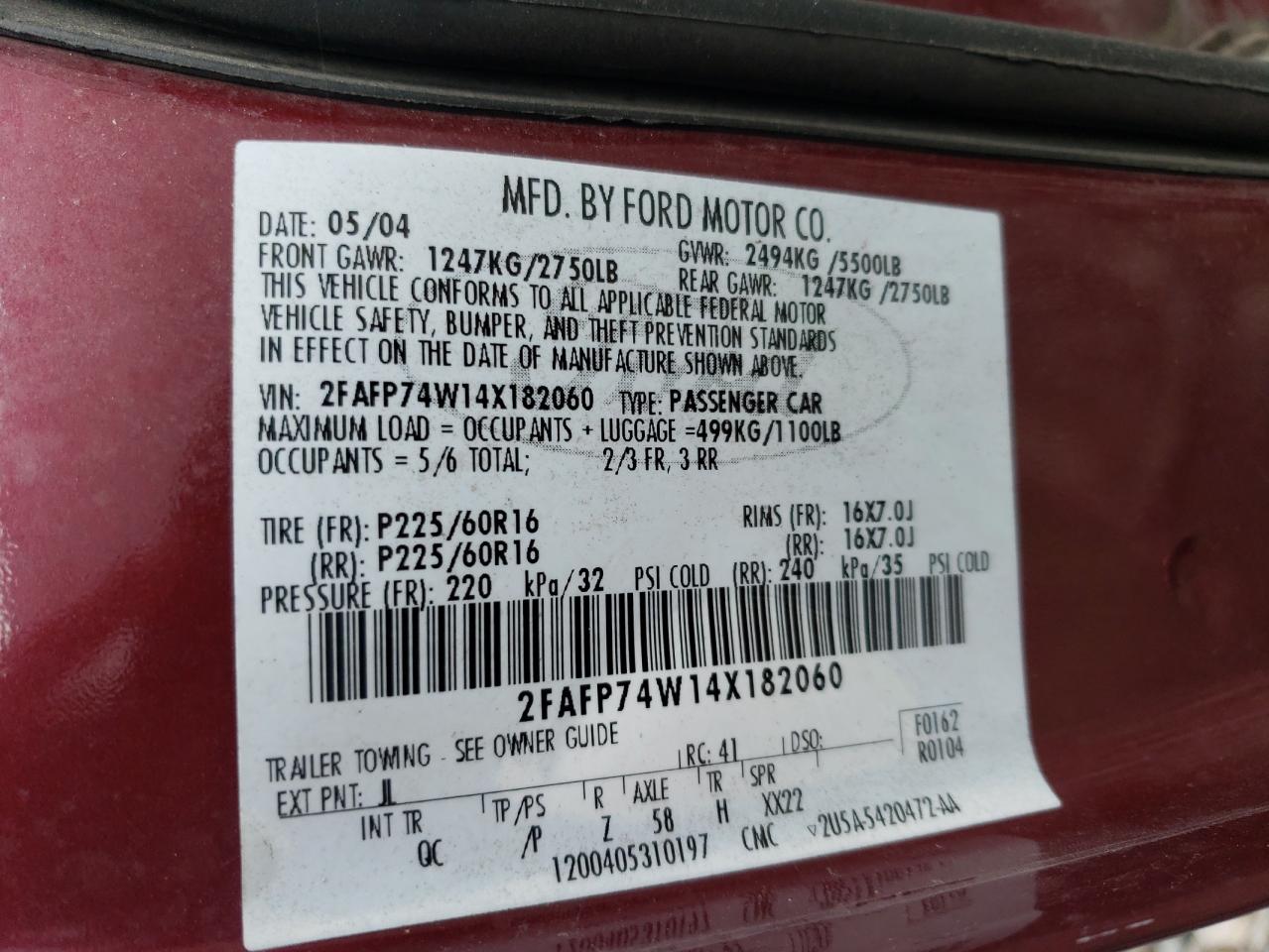 2004 Ford Crown Victoria Lx VIN: 2FAFP74W14X182060 Lot: 65187314