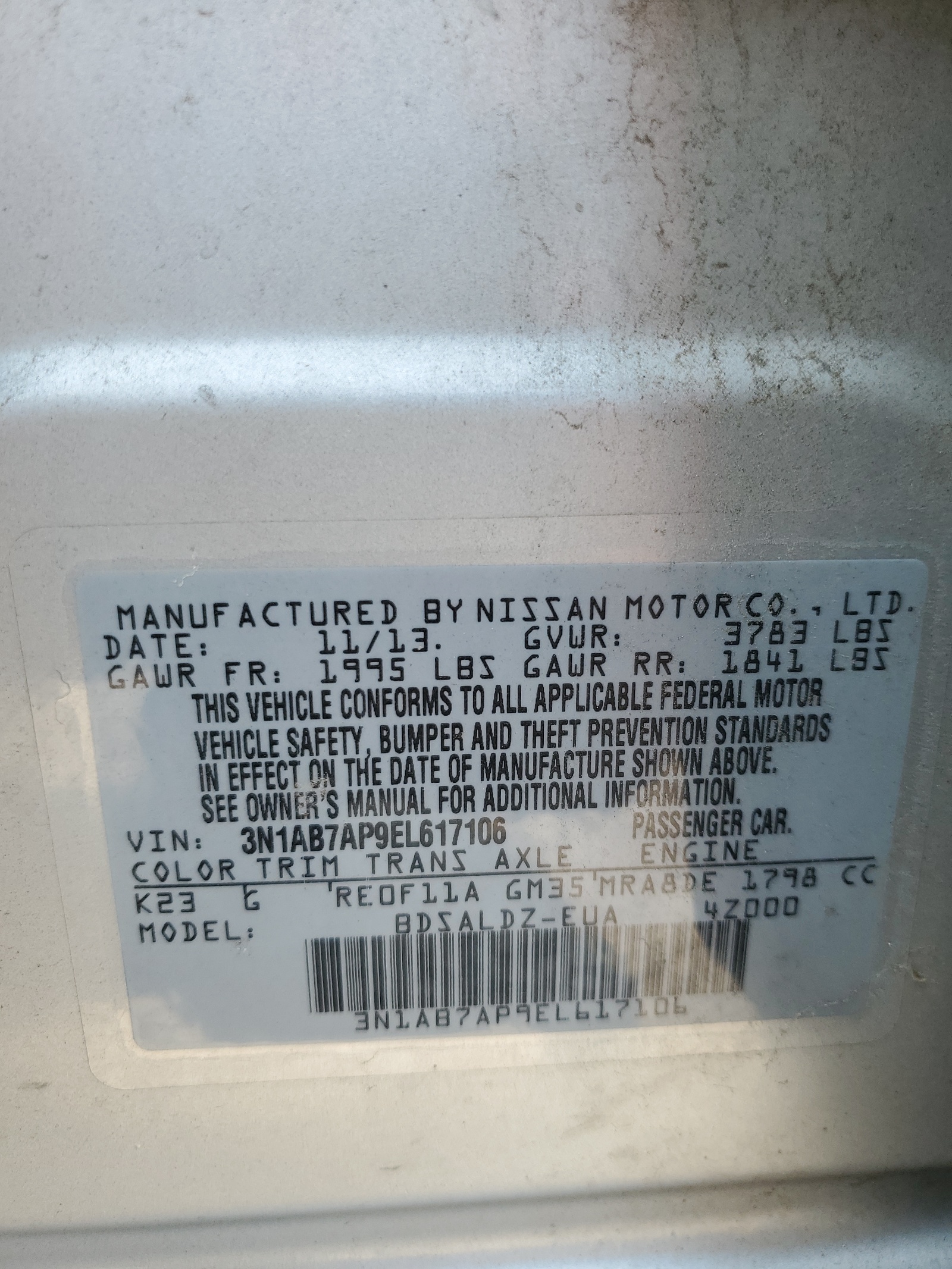 3N1AB7AP9EL617106 2014 Nissan Sentra S