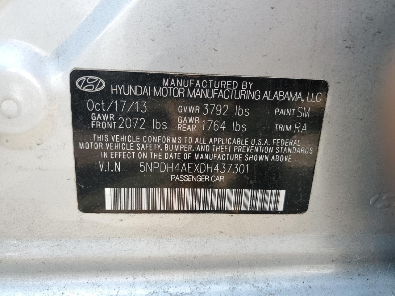 2013 Hyundai Elantra Gls VIN: 5NPDH4AEXDH437301 Lot: 63592284