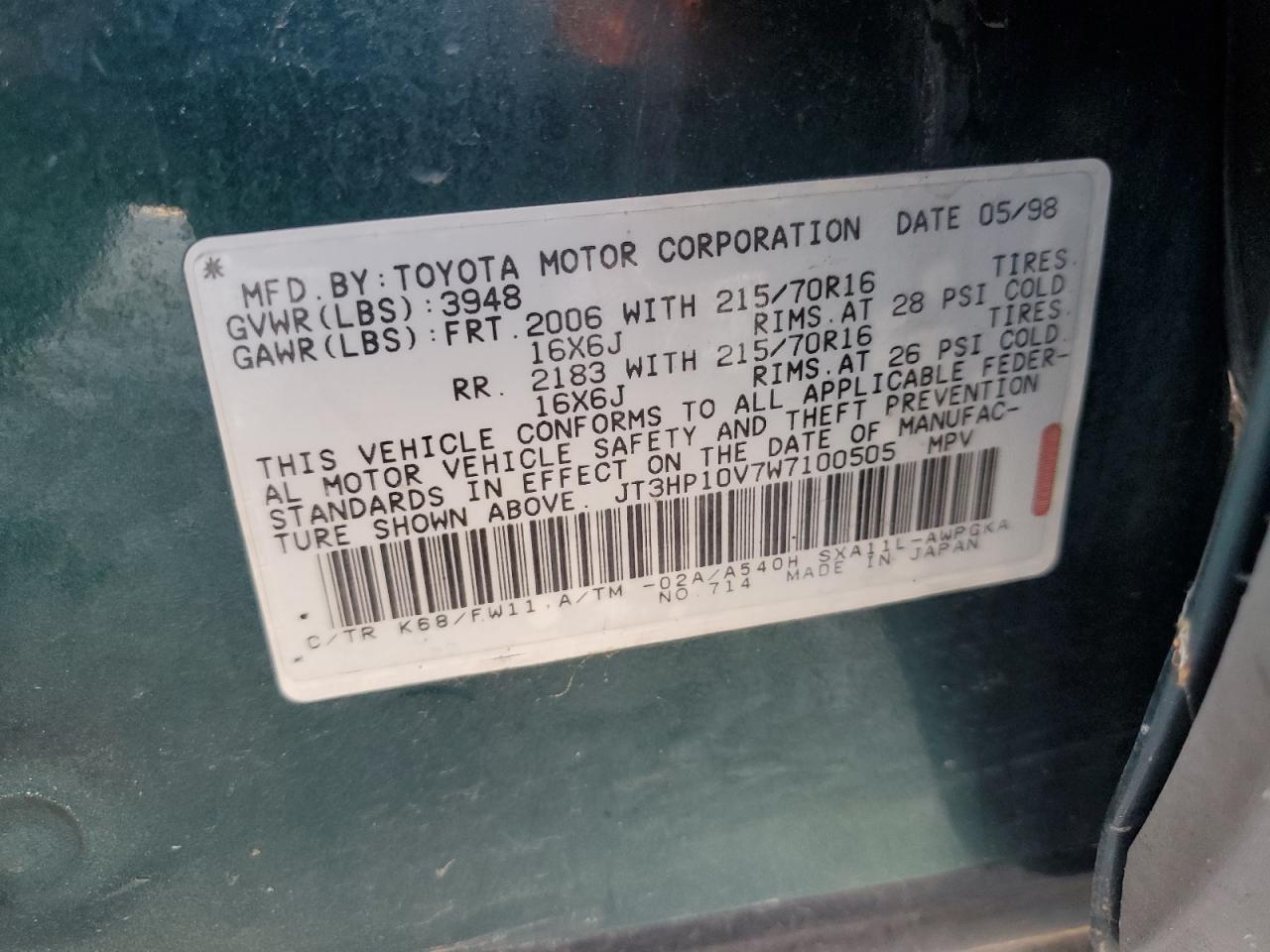 1998 Toyota Rav4 VIN: JT3HP10V7W7100505 Lot: 65255214