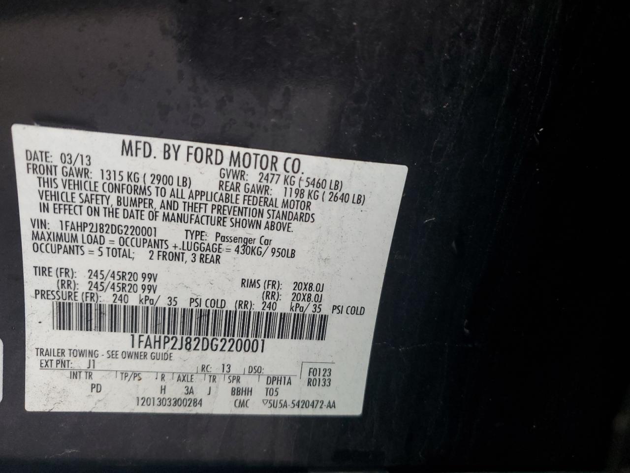 2013 Ford Taurus Limited VIN: 1FAHP2J82DG220001 Lot: 63791654