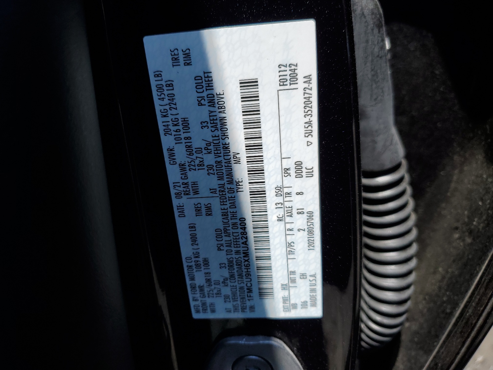 1FMCU9H6XMUA28400 2021 Ford Escape Sel