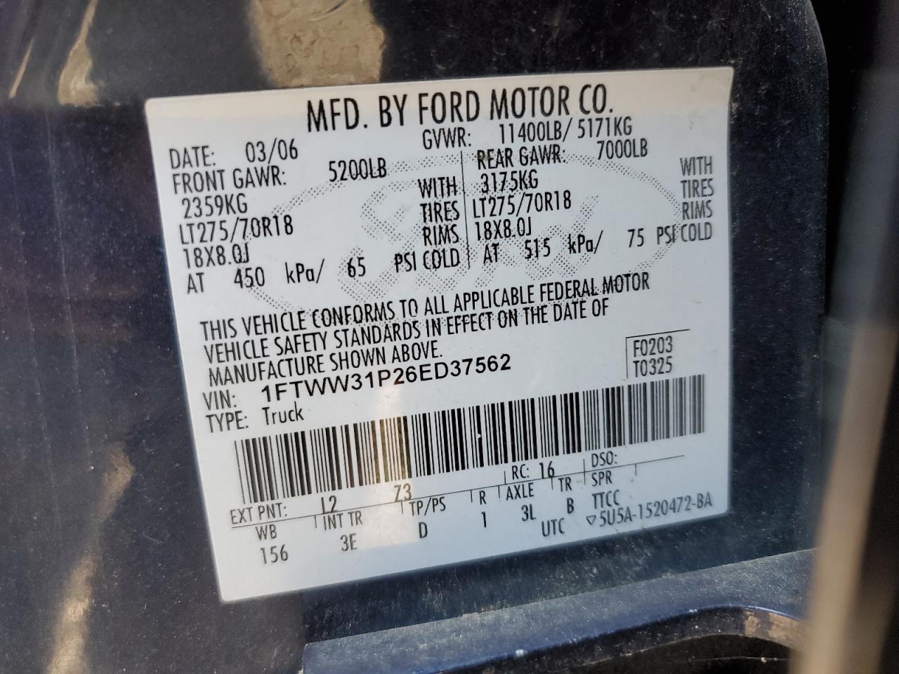 2006 Ford F350 Srw Super Duty VIN: 1FTWW31P26ED37562 Lot: 63563674