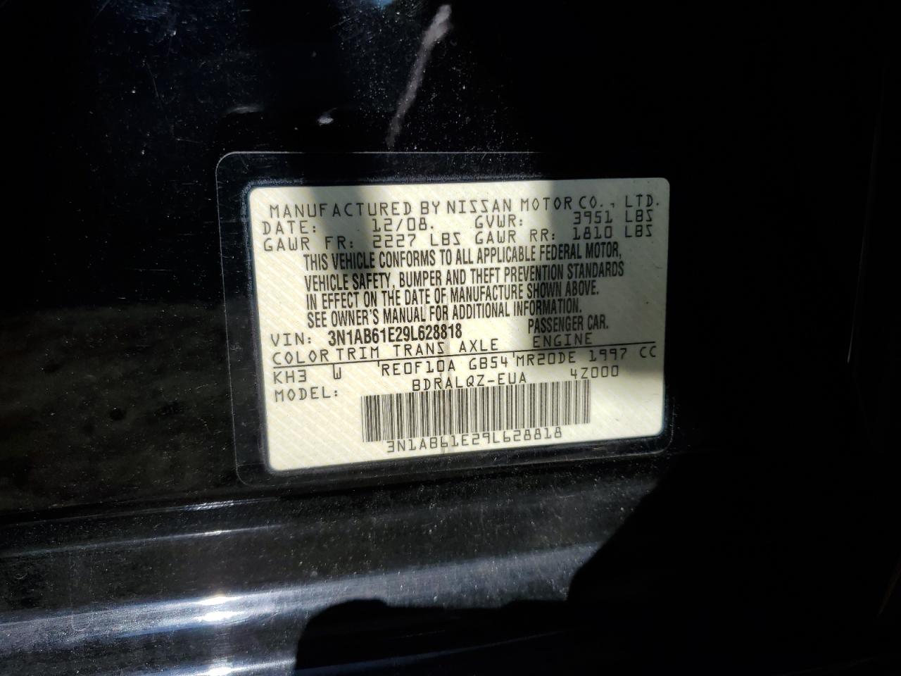 2009 Nissan Sentra 2.0 VIN: 3N1AB61E29L628818 Lot: 59887424