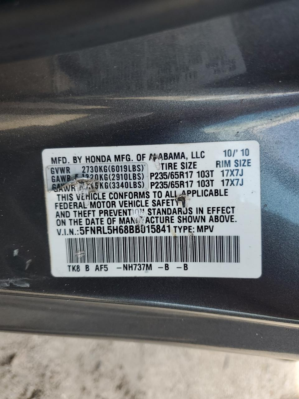 5FNRL5H68BB015841 2011 Honda Odyssey Exl