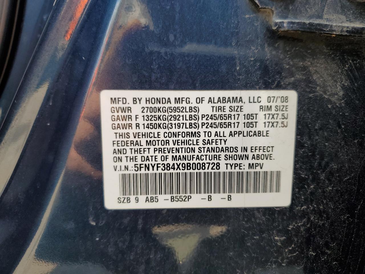 2009 Honda Pilot Ex VIN: 5FNYF384X9B008728 Lot: 63193074