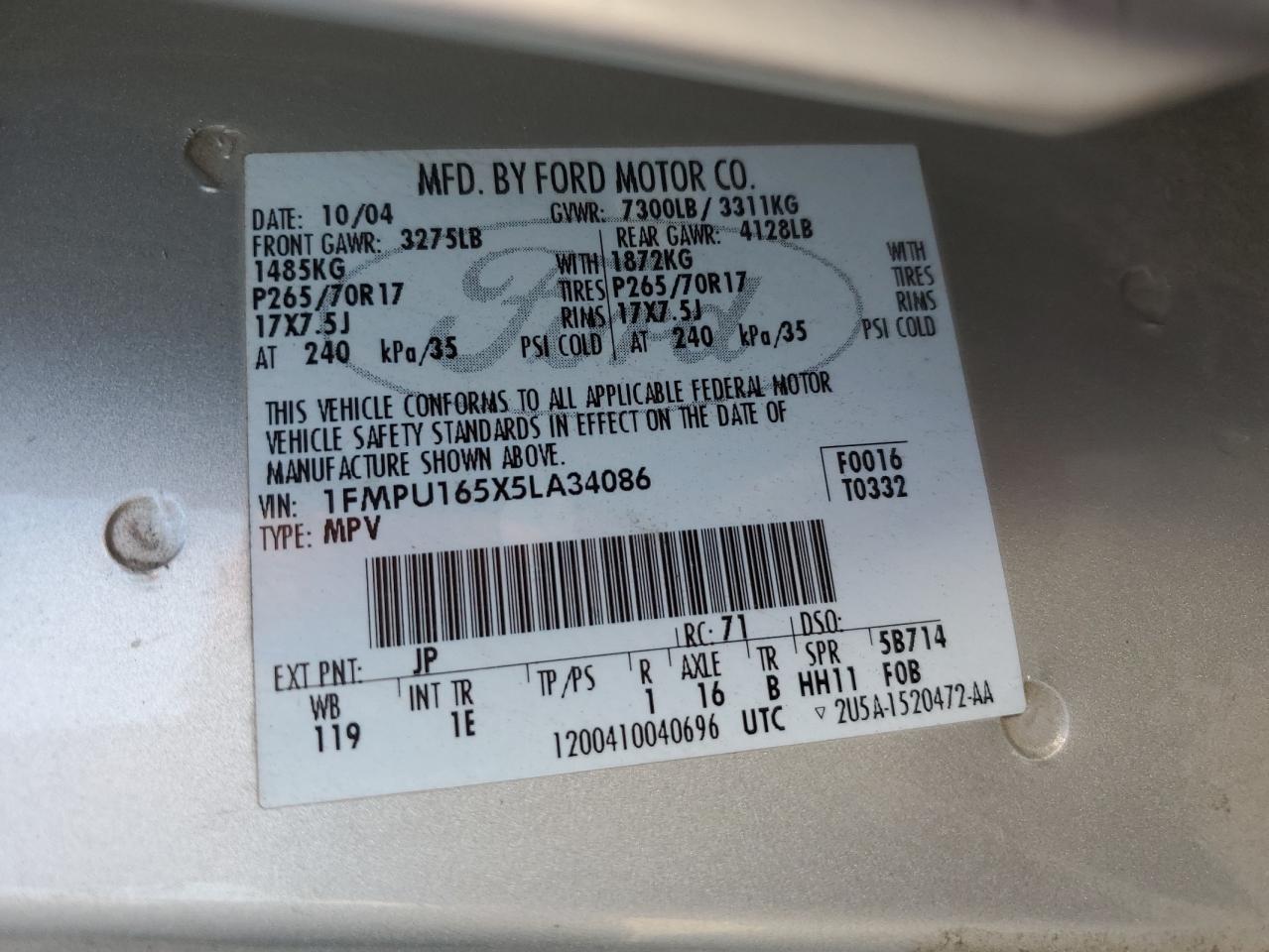 2005 Ford Expedition Xlt VIN: 1FMPU165X5LA34086 Lot: 61574234