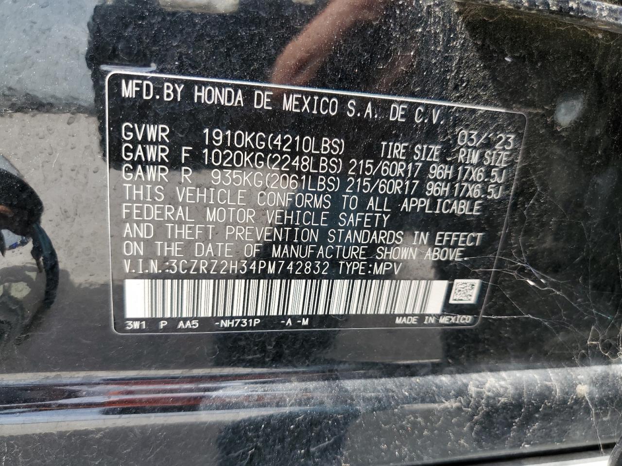 3CZRZ2H34PM742832 2023 Honda Hr-V Lx