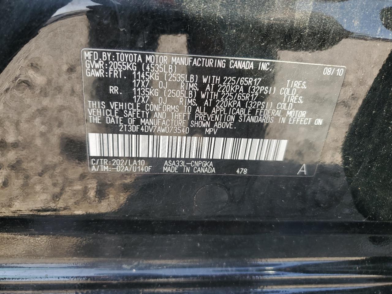 2010 Toyota Rav4 Limited VIN: 2T3DF4DV7AW073540 Lot: 64292674