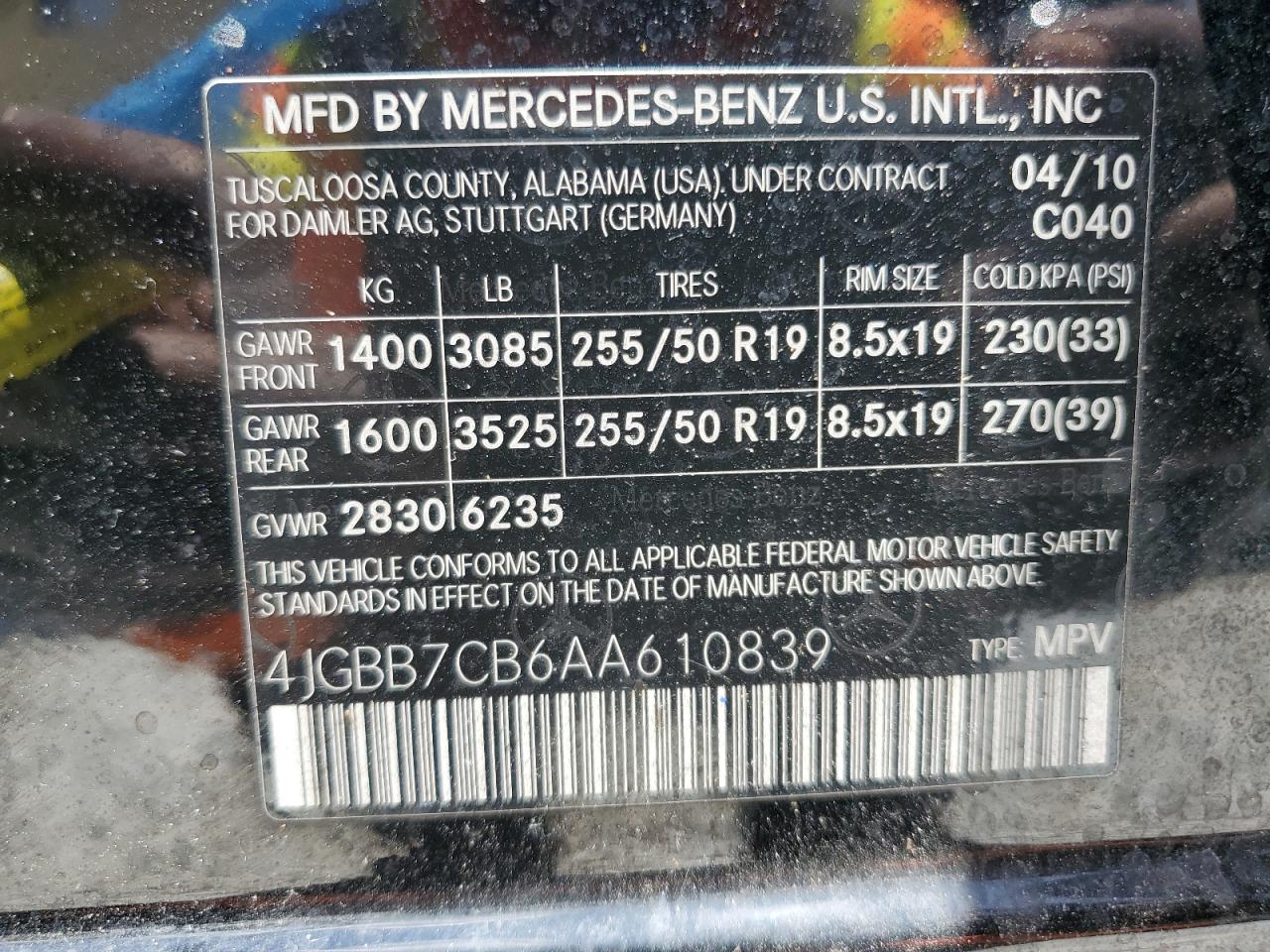 2010 Mercedes-Benz Ml 550 4Matic VIN: 4JGBB7CB6AA610839 Lot: 64026734