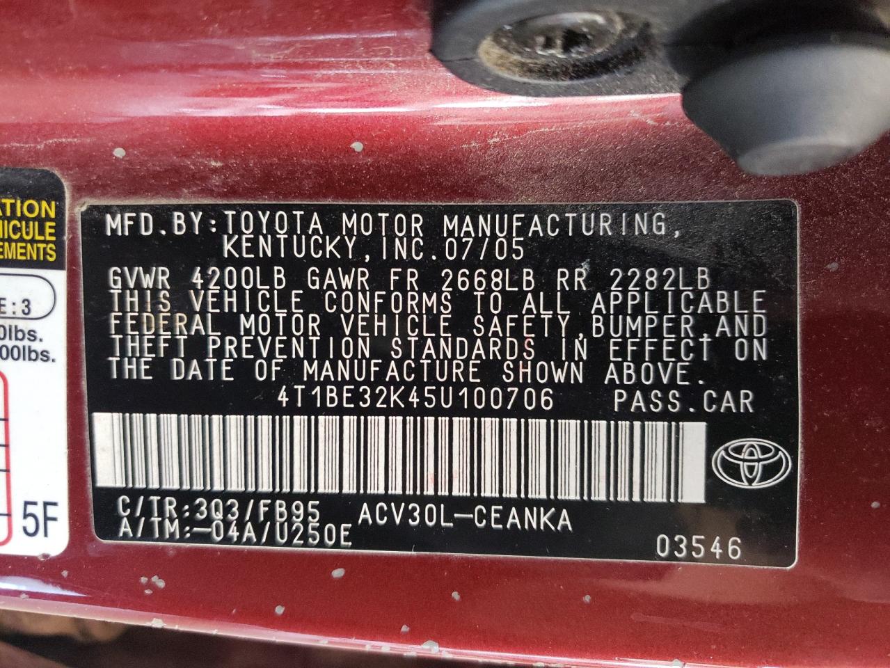 2005 Toyota Camry Le VIN: 4T1BE32K45U100706 Lot: 63610114