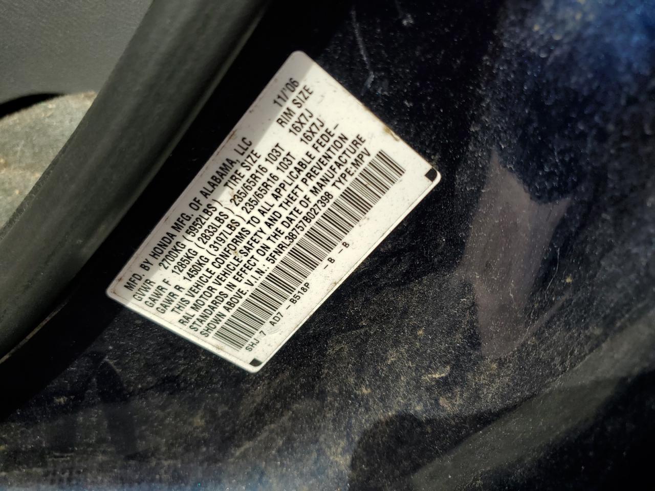 2007 Honda Odyssey Exl VIN: 5FNRL38757B027398 Lot: 63300684