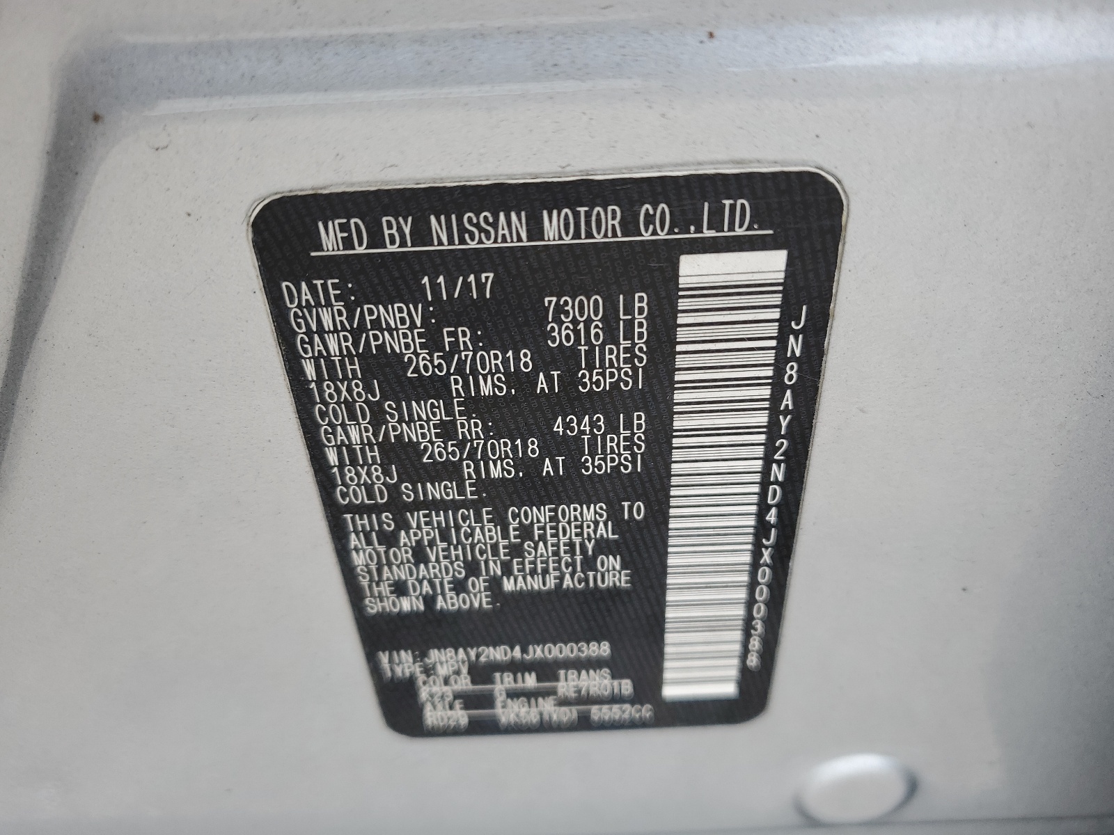 JN8AY2ND4JX000388 2018 Nissan Armada Sv