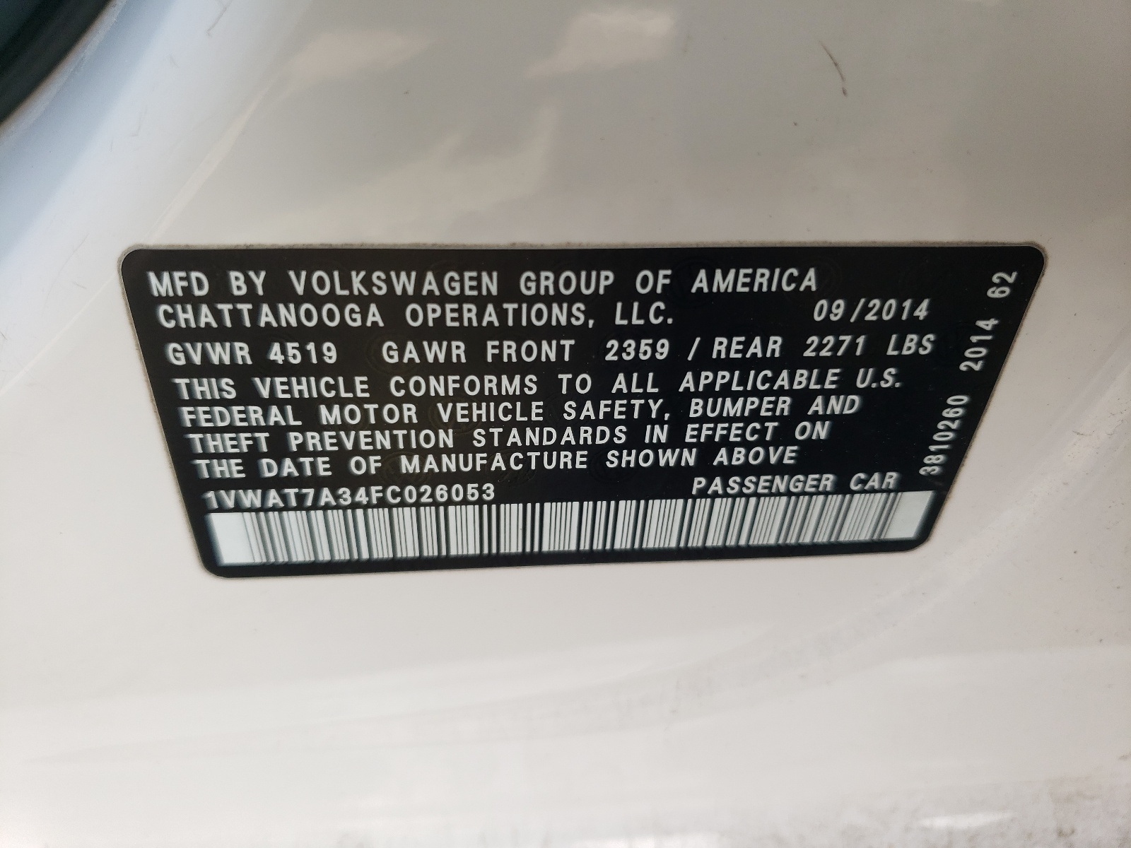 2015 Volkswagen Passat S vin: 1VWAT7A34FC026053