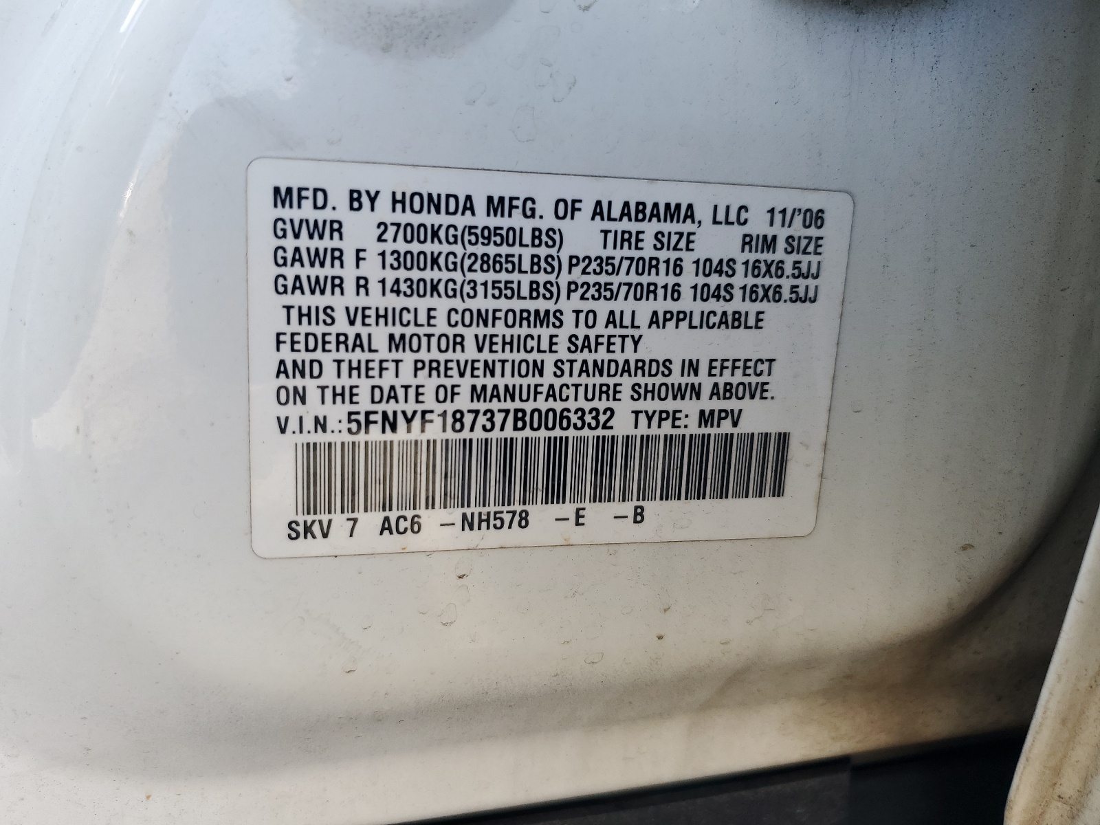 5FNYF18737B006332 2007 Honda Pilot Exl