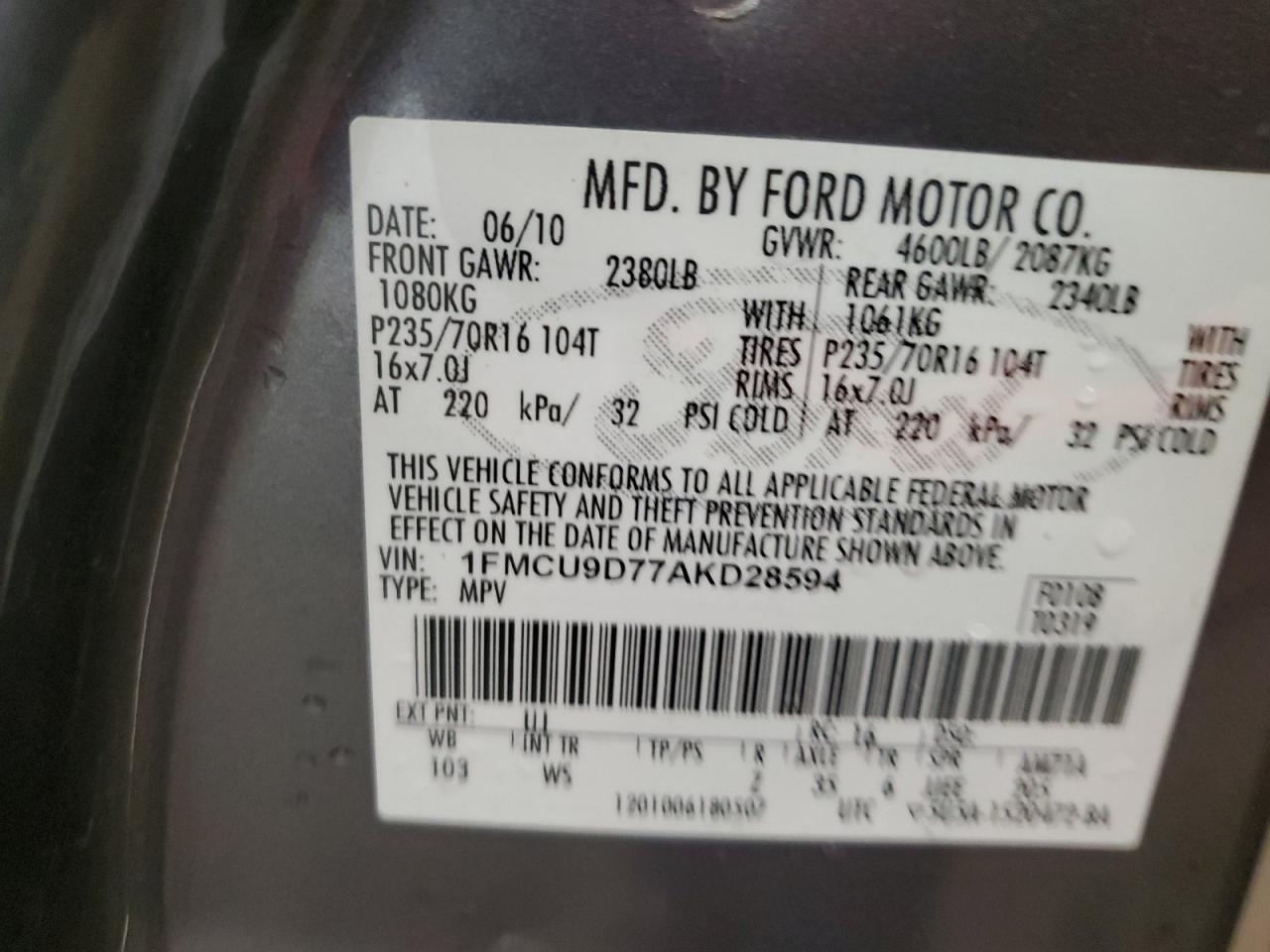 2010 Ford Escape Xlt VIN: 1FMCU9D77AKD28594 Lot: 61269434