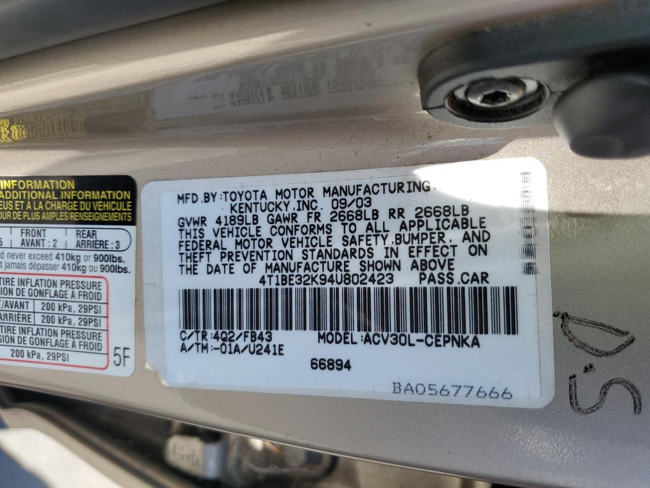 2004 Toyota Camry Le VIN: 4T1BE32K94U802423 Lot: 63799784