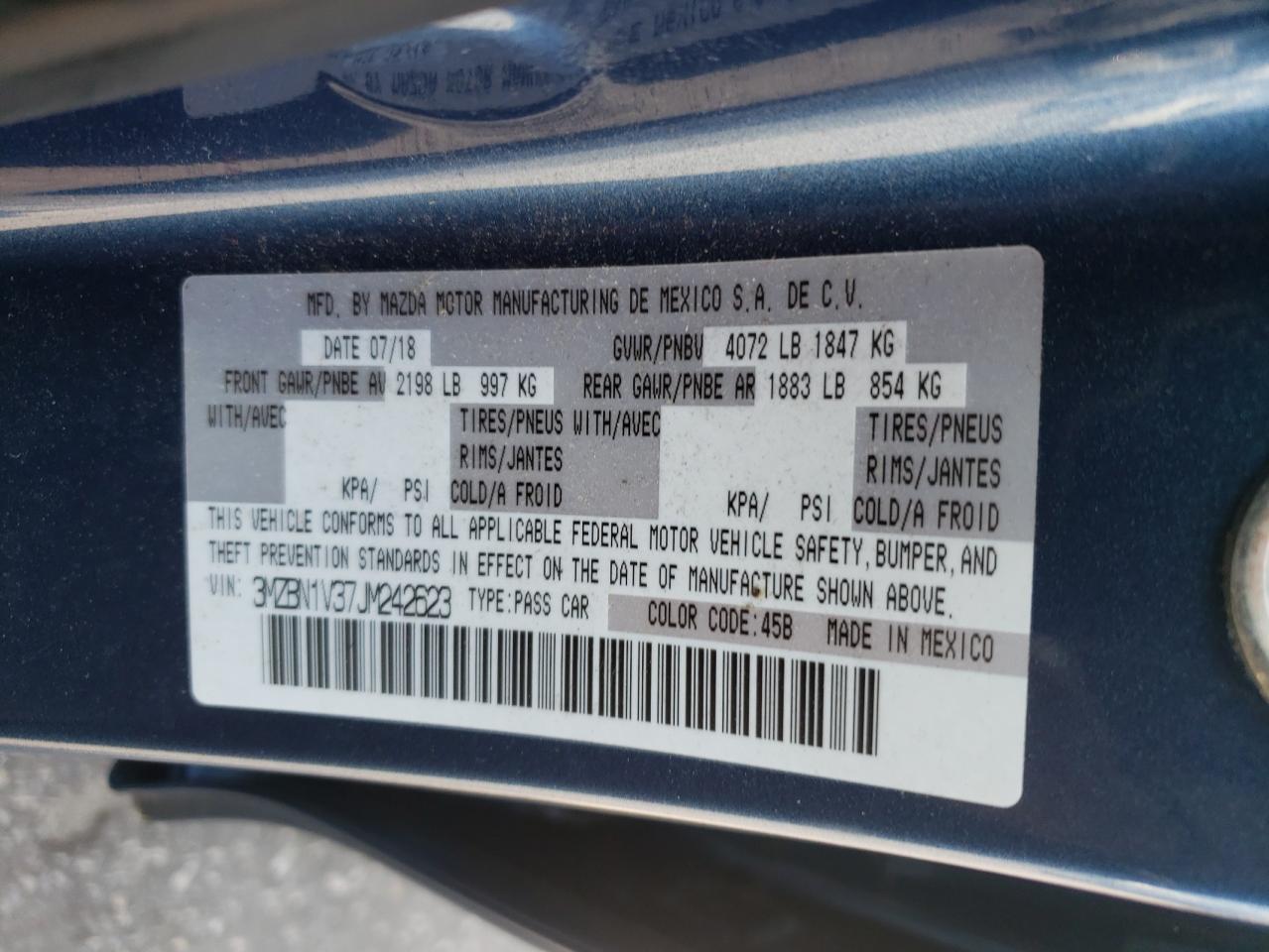 2018 Mazda 3 Touring VIN: 3MZBN1V37JM242623 Lot: 65001894