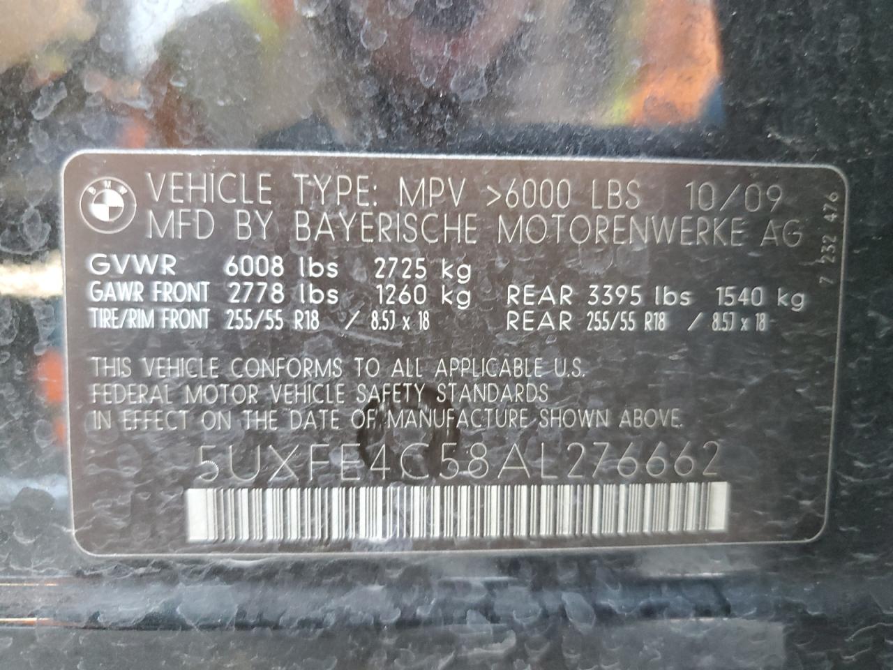 2010 BMW X5 xDrive30I VIN: 5UXFE4C58AL276662 Lot: 65089034