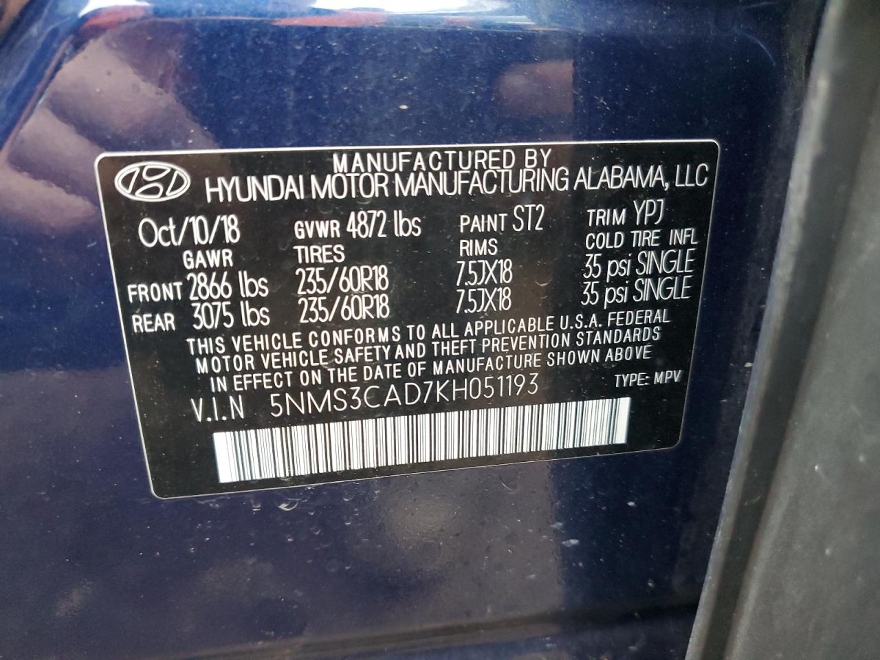 5NMS3CAD7KH051193 2019 Hyundai Santa Fe Sel