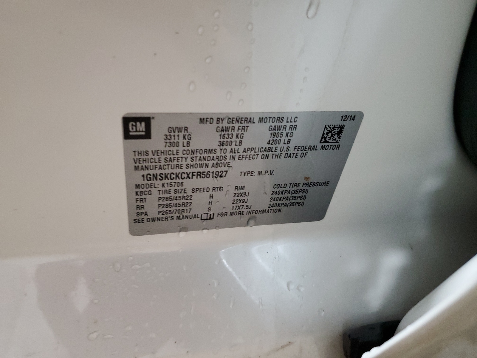 1GNSKCKCXFR561927 2015 Chevrolet Tahoe K1500 Ltz