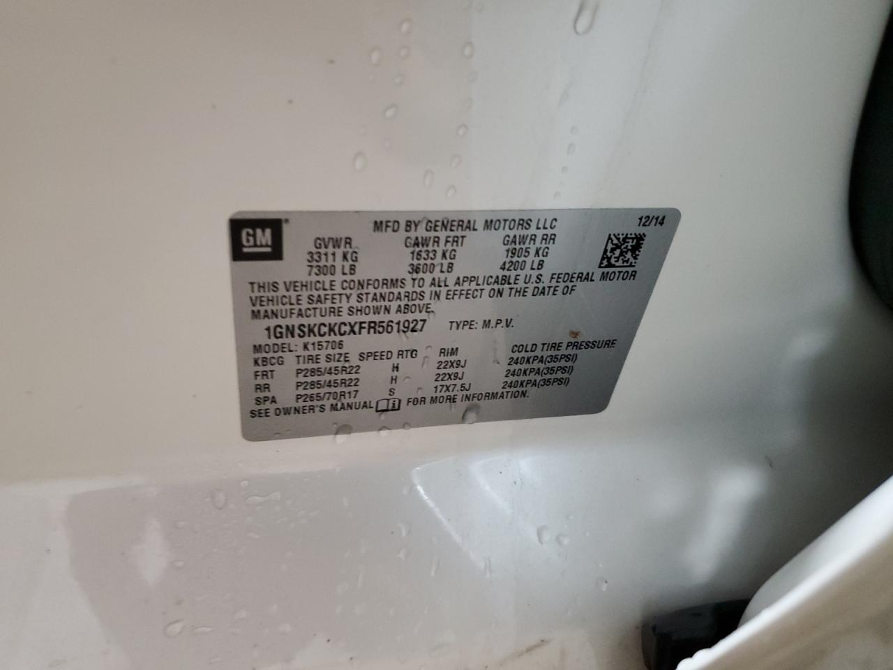 2015 Chevrolet Tahoe K1500 Ltz VIN: 1GNSKCKCXFR561927 Lot: 62281554