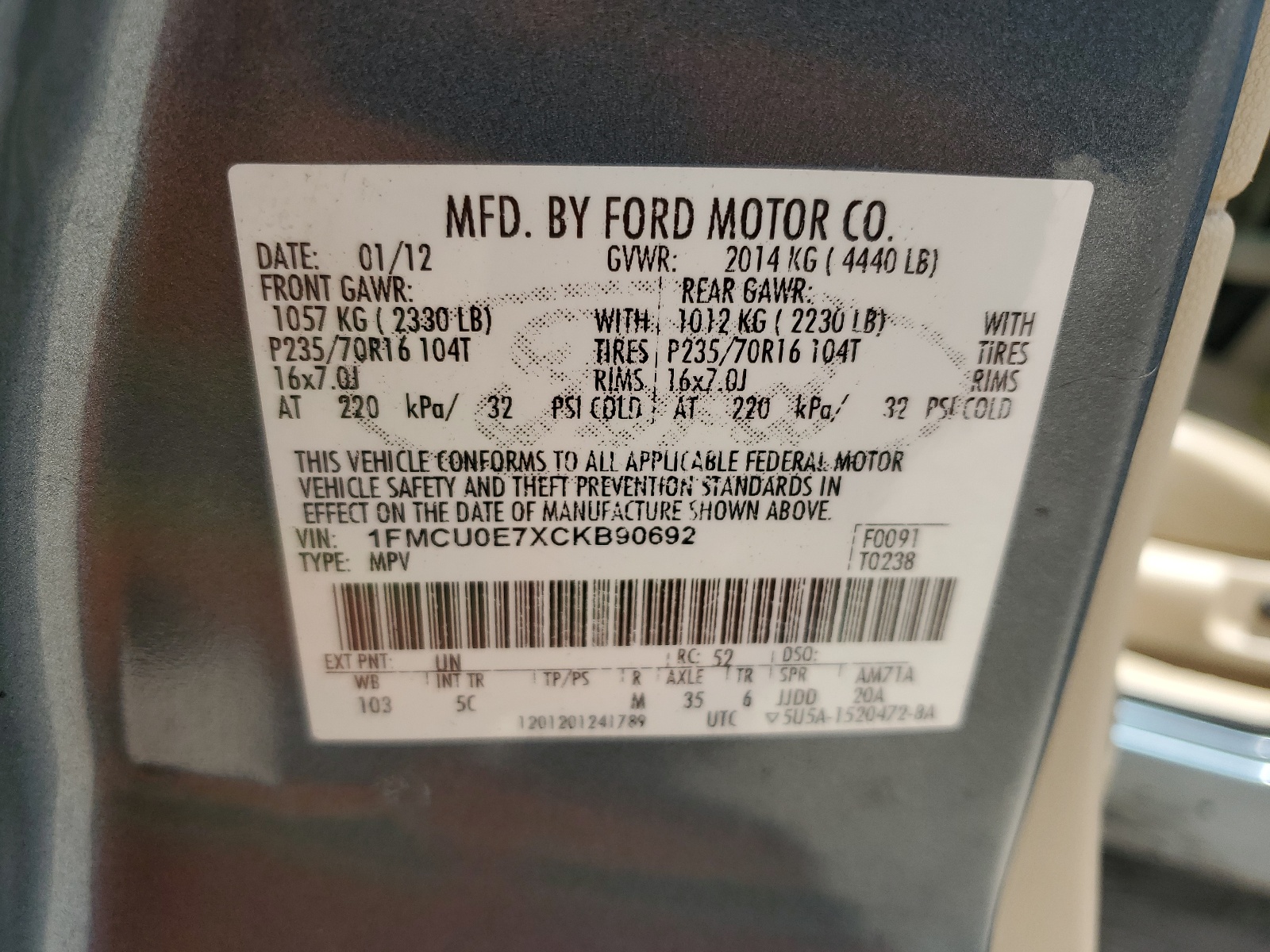 1FMCU0E7XCKB90692 2012 Ford Escape Limited